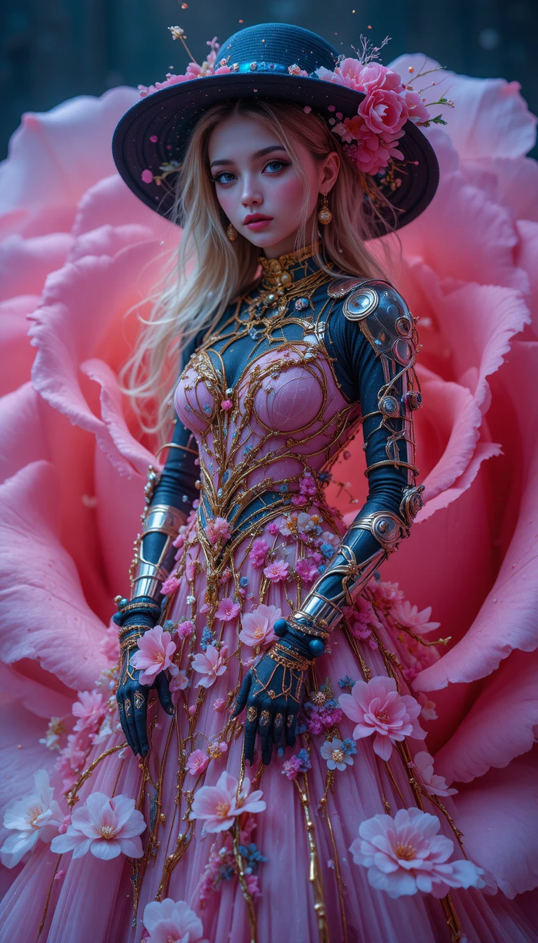 Donna al neon surreale che emerge da un bocciolo di rosa cosmica
