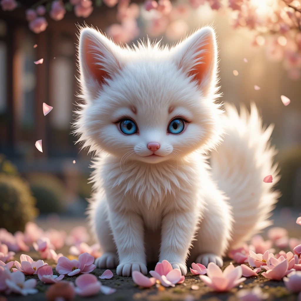 Adorable renardeau céleste jouant avec des fleurs de cerisier
