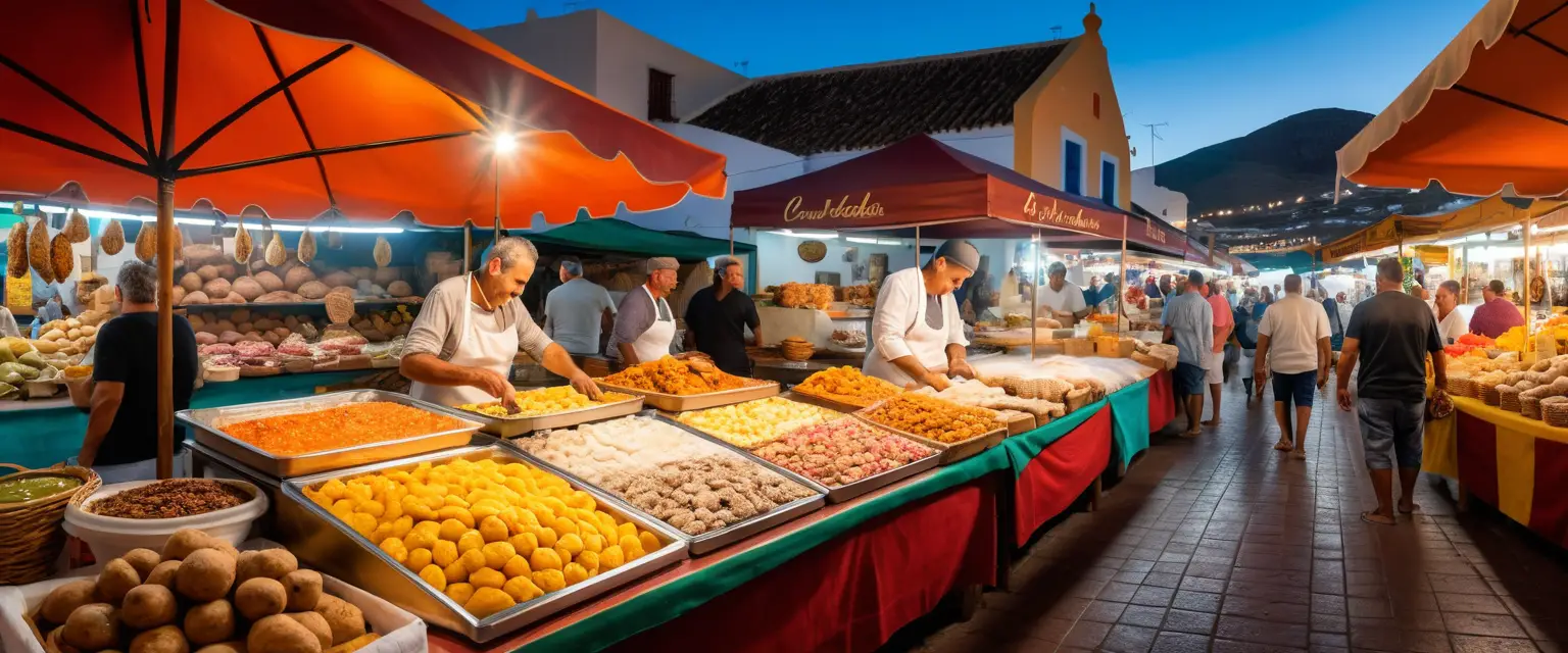 Marché traditionnel canarien de produits alimentaires avec étals colorés de produits locaux
