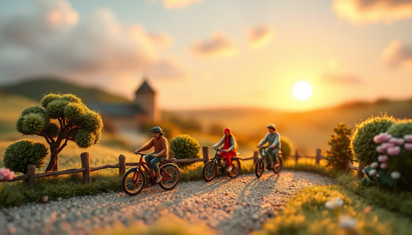 Ciclisti in feltro ad ago in un paesaggio di campagna in miniatura