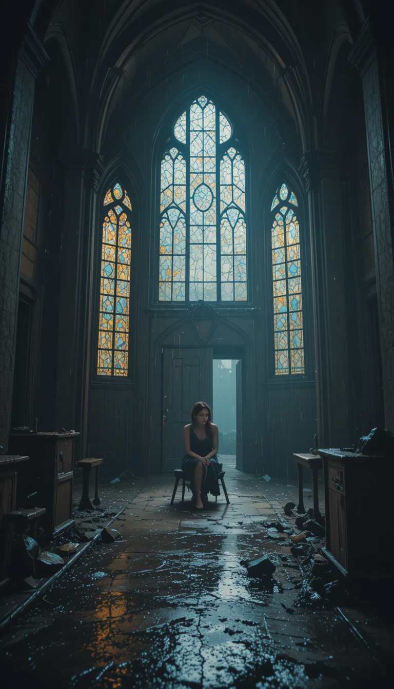 Donna sola in una chiesa abbandonata durante una notte di tempesta
