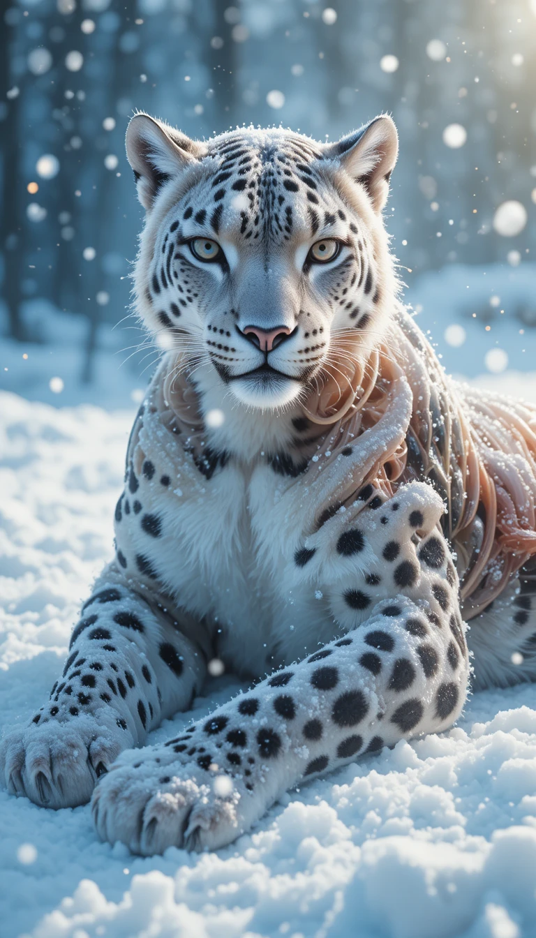 Leopardo-das-neves de tecido translúcido descansando silenciosamente na neve
