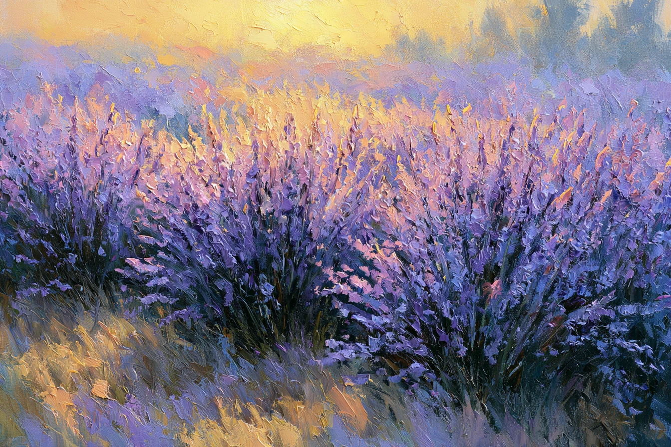 Impressionistisches Lavendelfeld in der goldenen Stunde mit sanft geflecktem Licht
