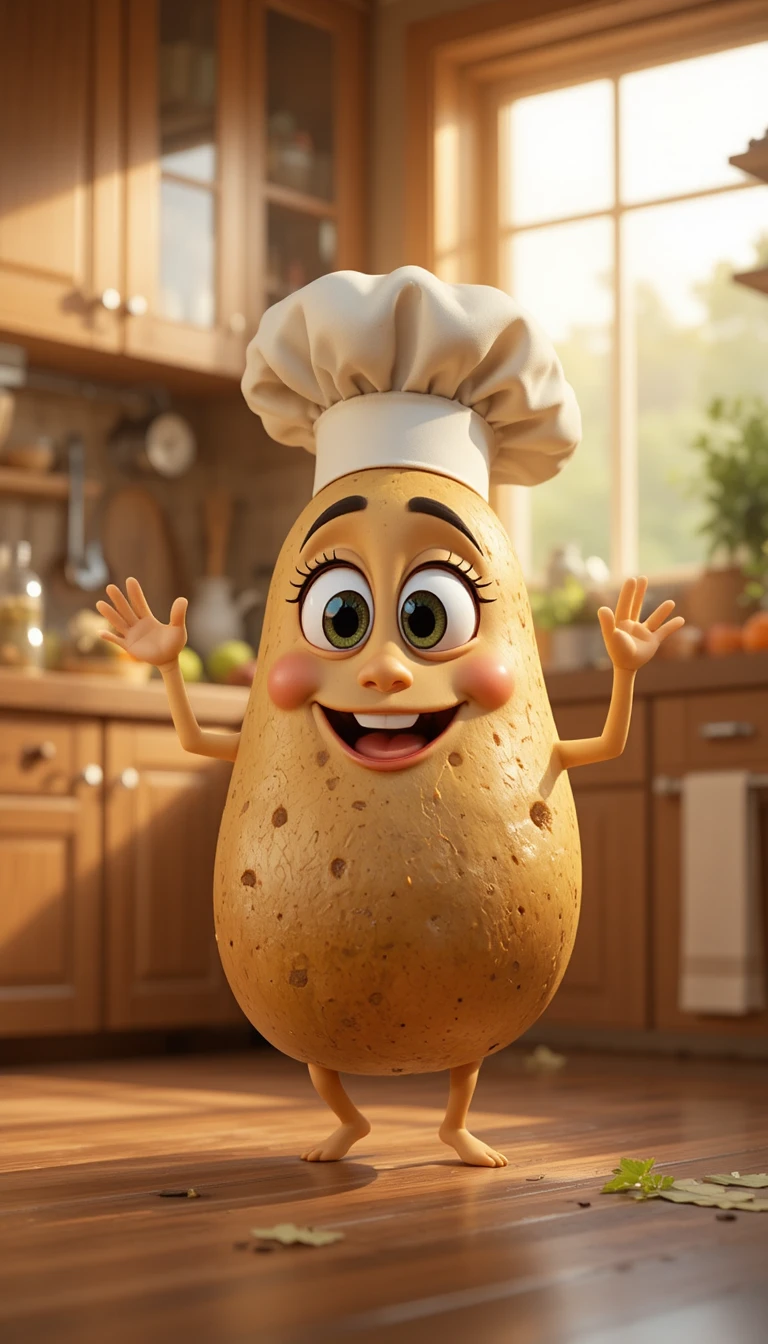 Fofo chef batata dançando em uma cozinha aconchegante