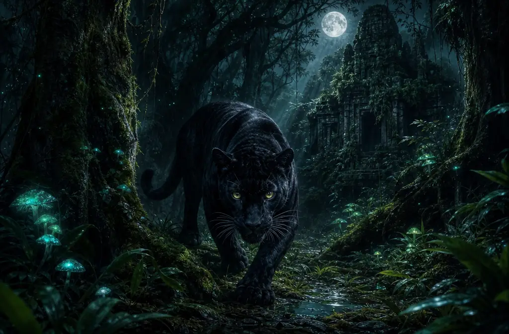 Pantera nera che si aggira nella foresta pluviale illuminata dalla luna di notte