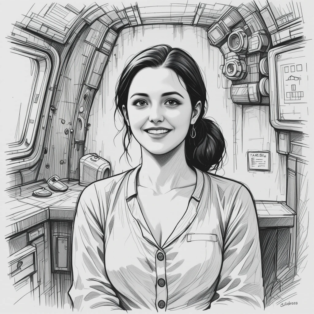 Smiling woman relaxing in a cozy starship cabin