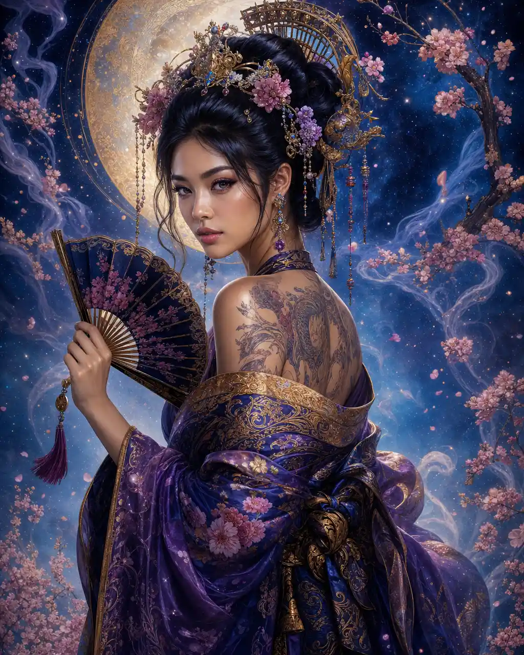Asian geisha portrait in soft airbrush romantic light