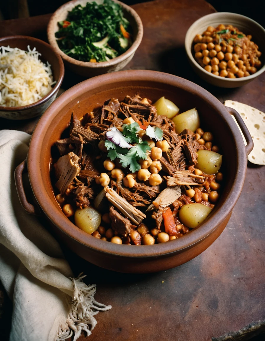 Ensopado tradicional canário de grão-de-bico com carne em tigela de barro
