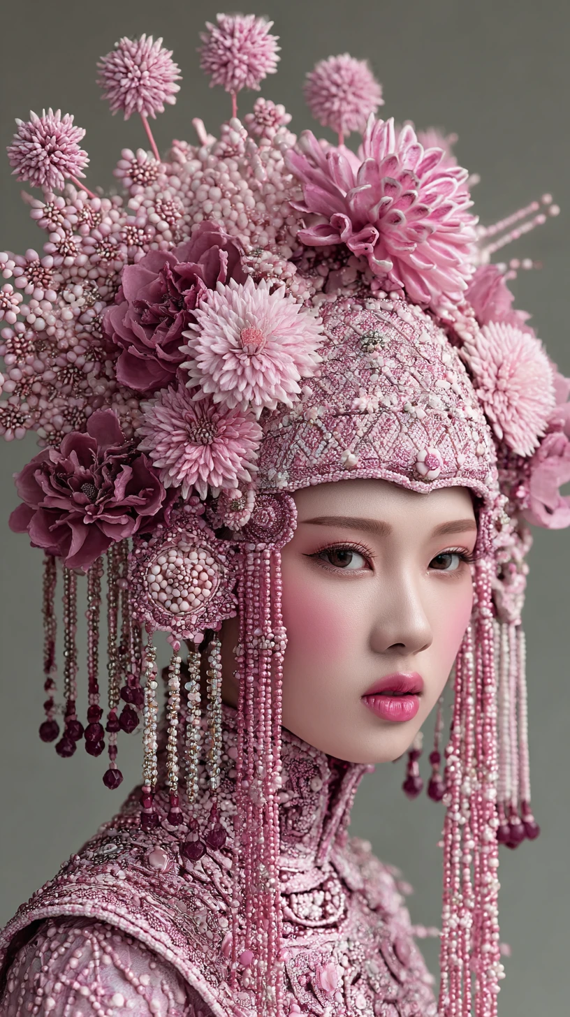 Frau mit kunstvollem traditionellem Kopfschmuck und rosa Blumendetails