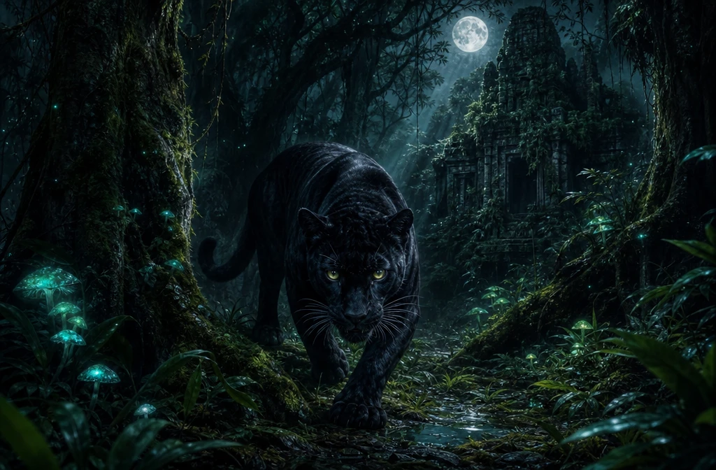 Black panther stalking through moonlit rainforest at night
