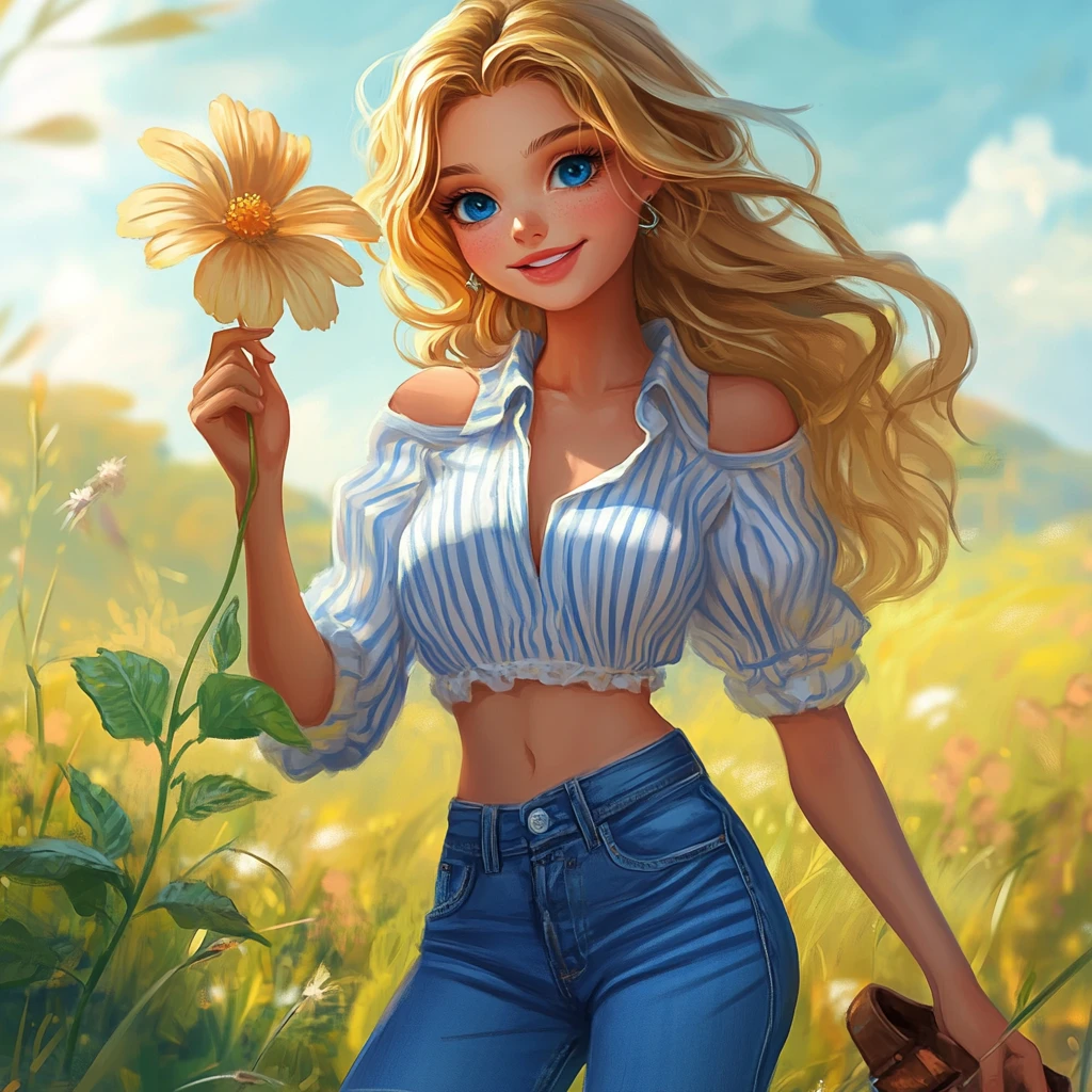 Giovane donna che coglie petali di fiore in un campo da sogno