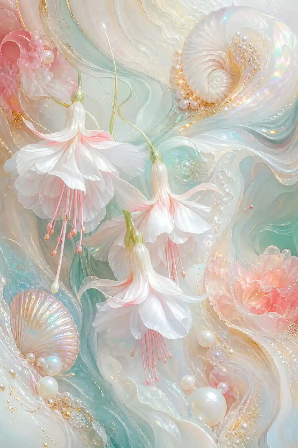 Fiori di fucsia bianchi astratti con forme luminose e fluide