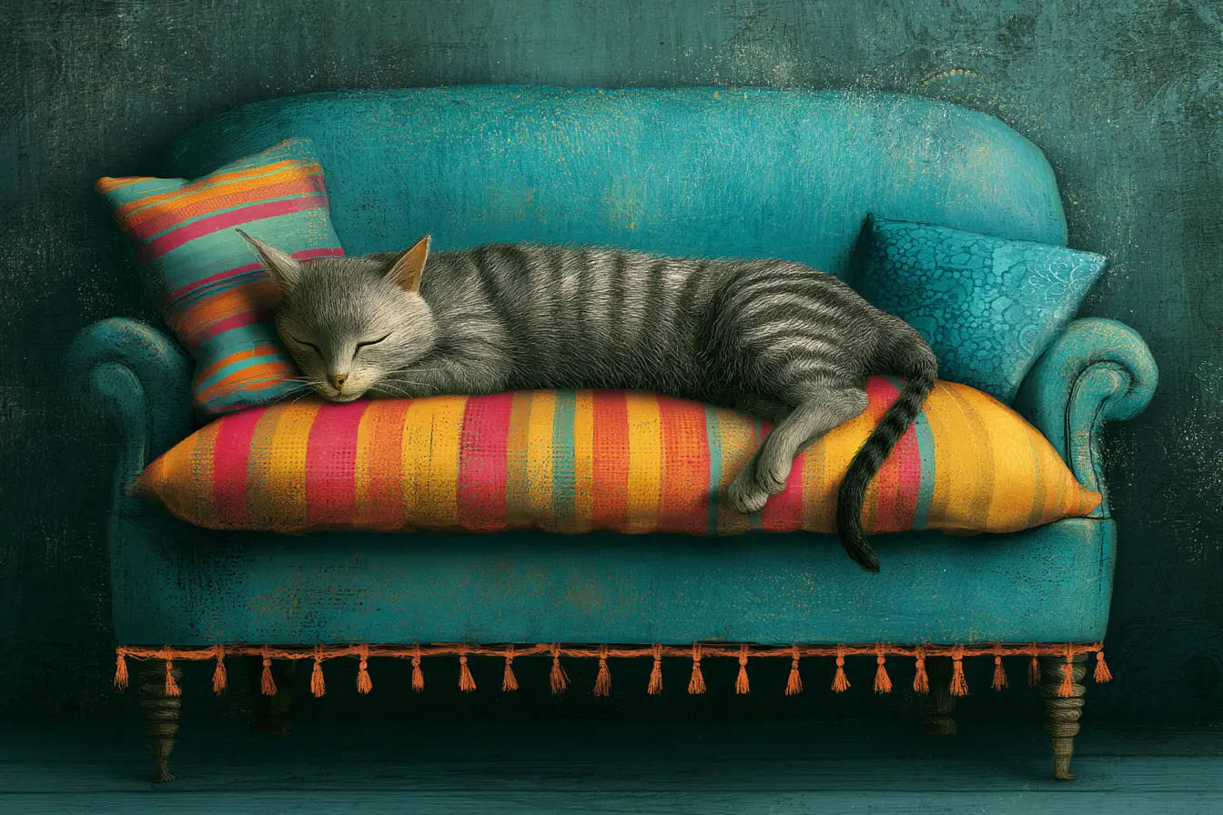 Illustrazione di gatto soriano grigio che dorme su un divano accogliente