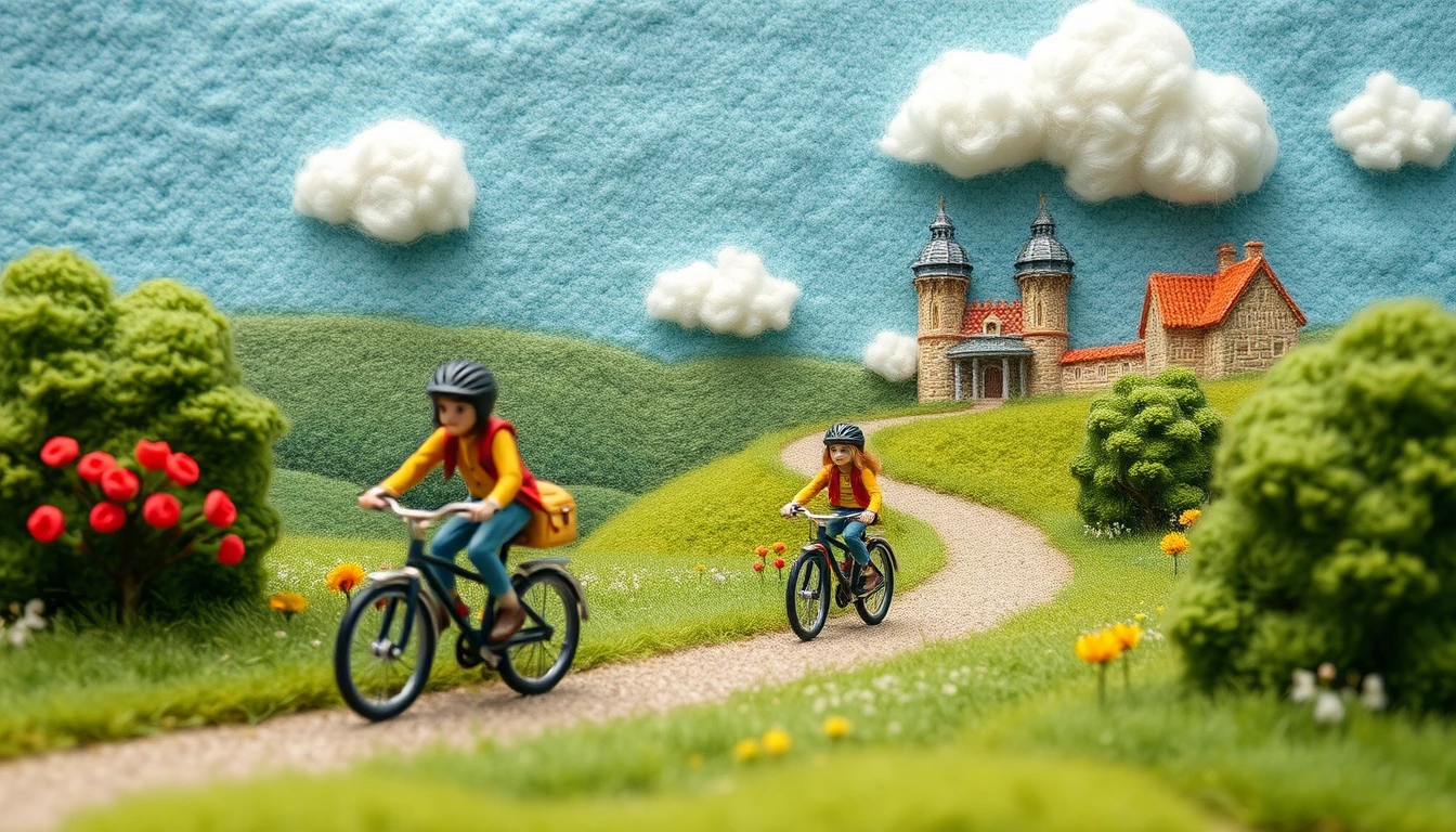 Alegres ciclistas 3D recorriendo un campo mullido