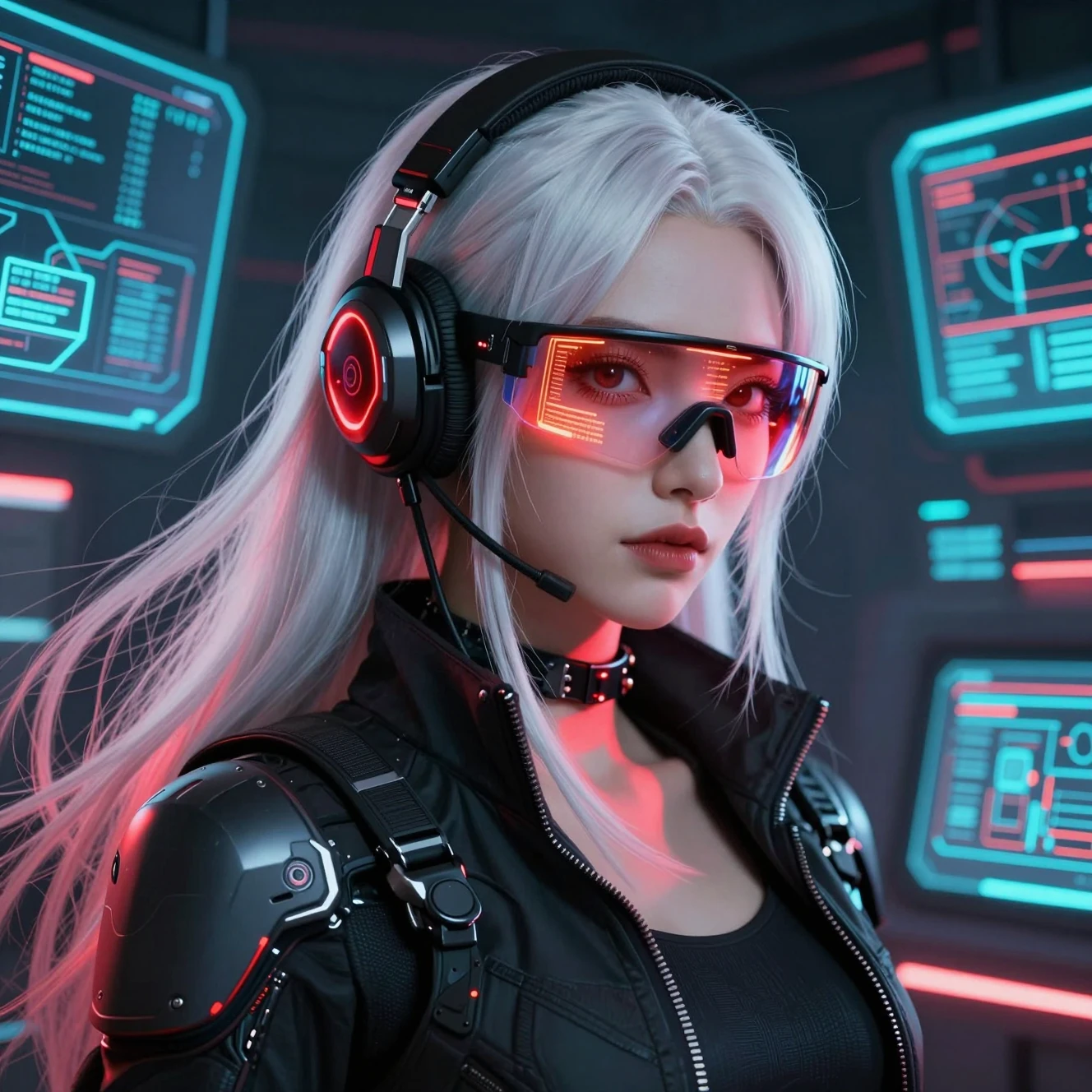 Mulher cyberpunk futurista em centro de comando iluminado por néon