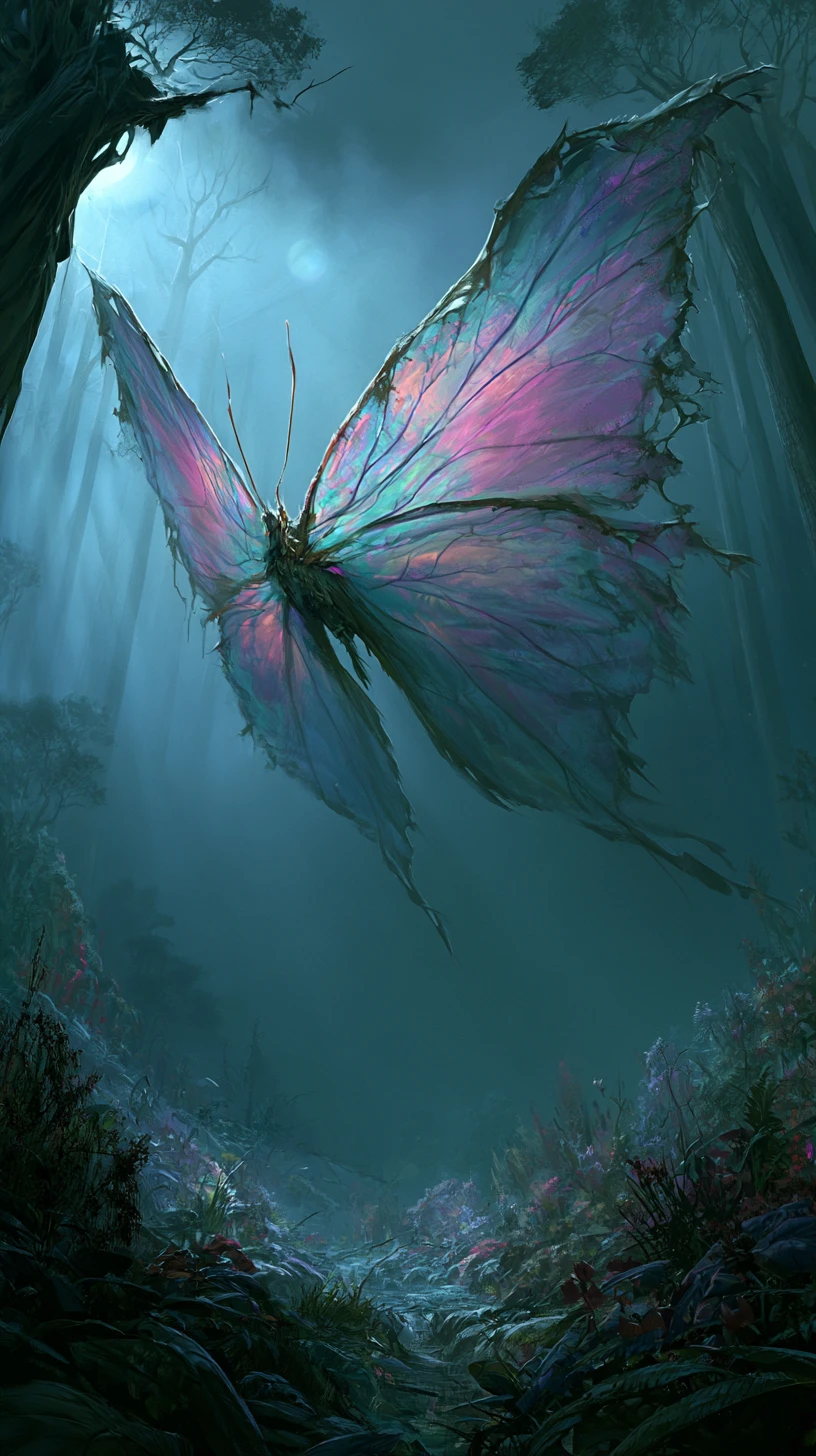 Riesiger Schmetterling schwebt über einer mondbeschienenen, überwucherten Waldlichtung