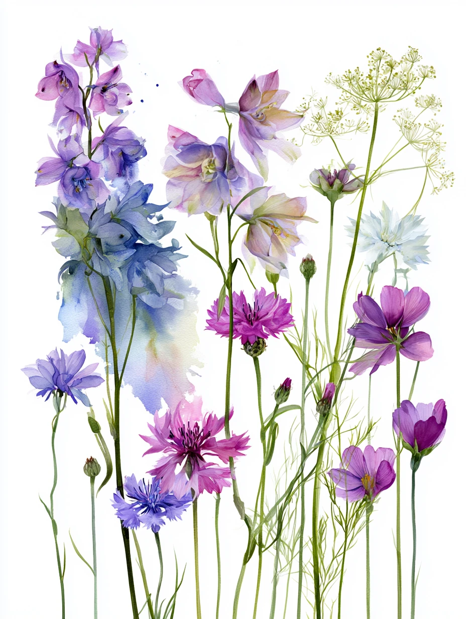 Fleurs sauvages aquarellées et délicates dans une douce prairie blanche
