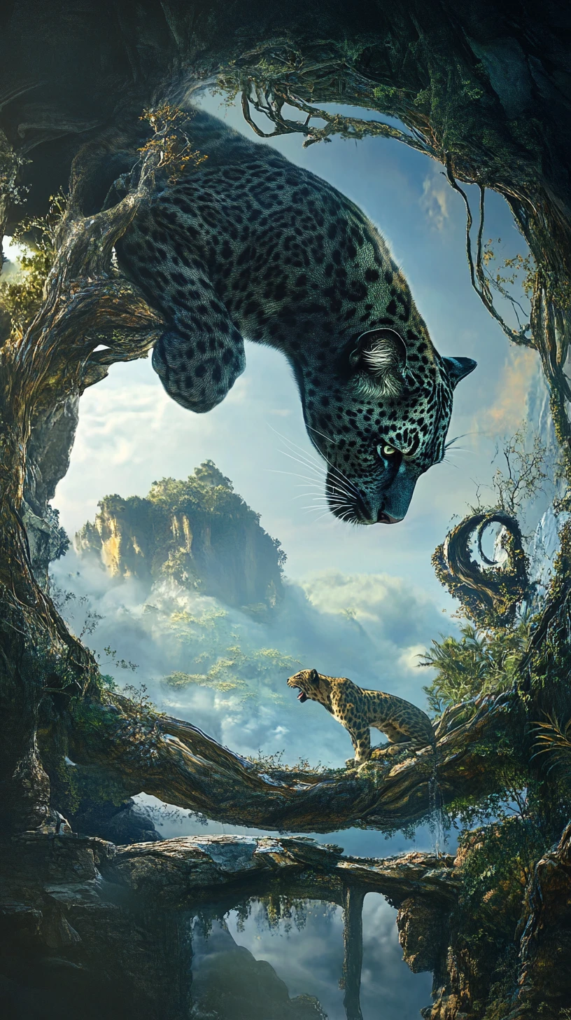 Surreale Illusion eines Panthers in einer vielschichtigen Szenerie