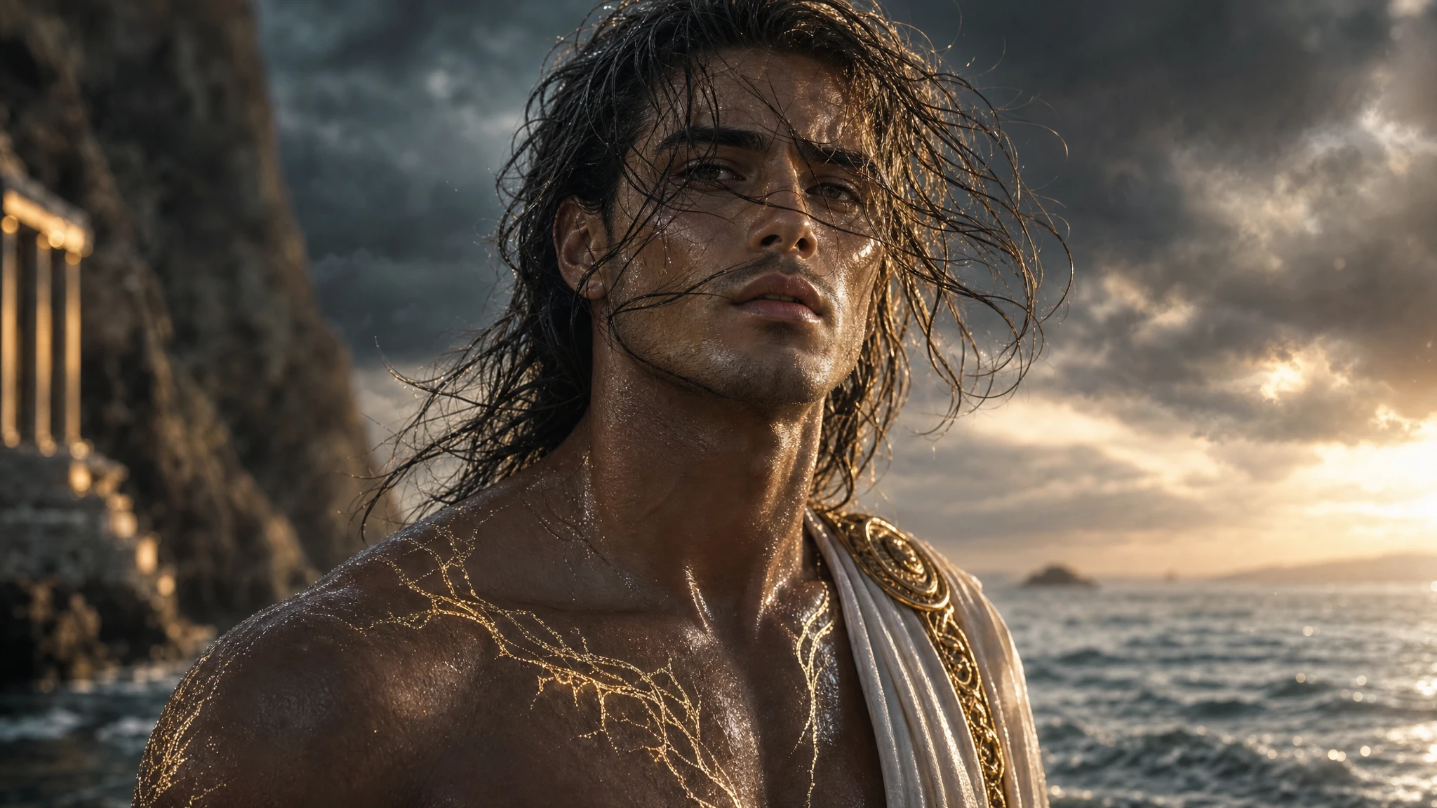 Retrato em close de um homem feroz diante de um mar tempestuoso