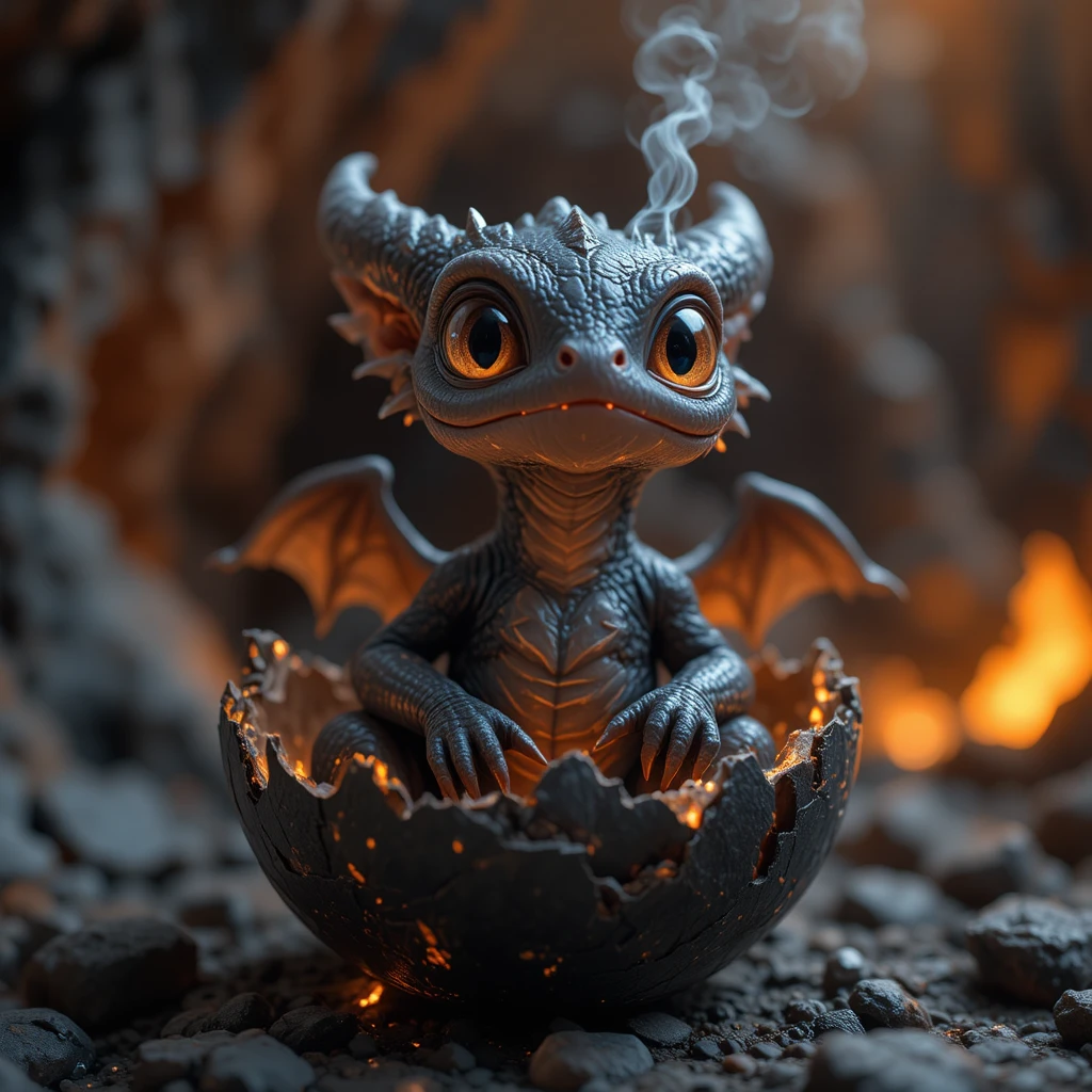 Babydrache schlüpft aus Obsidian-Ei in Lavahöhle