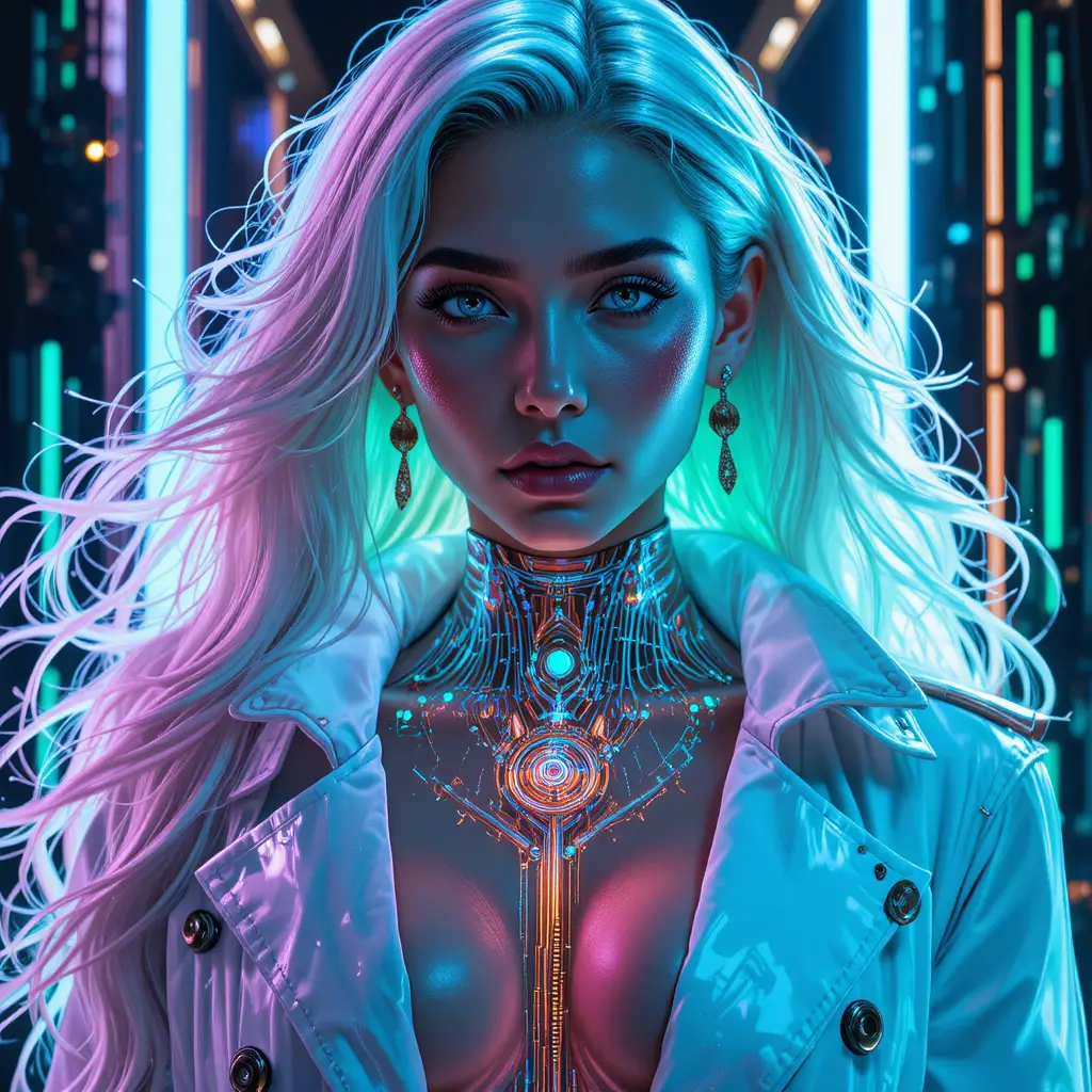 Portrait futuriste de femme fatale avec détails cybernétiques néon