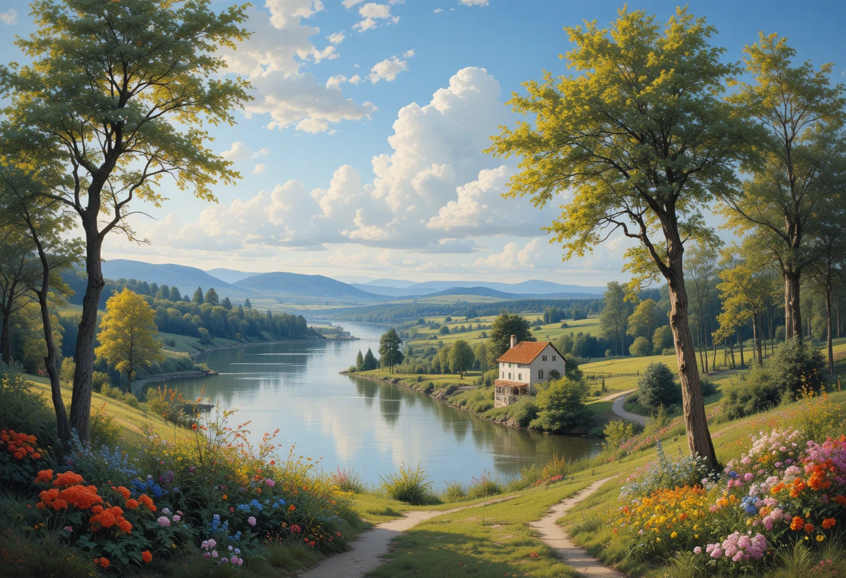 Paysage estival coloré de rivière en peinture à l’huile classique