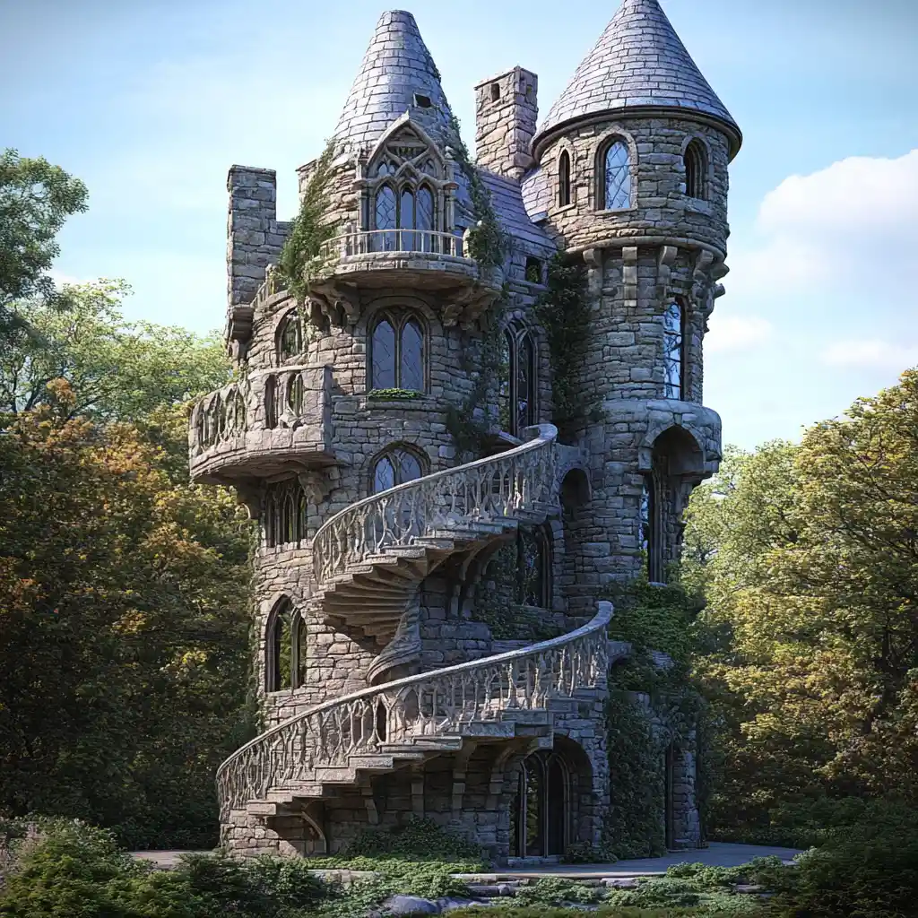 Medieval stone keep with spiral stair and gothic balconies