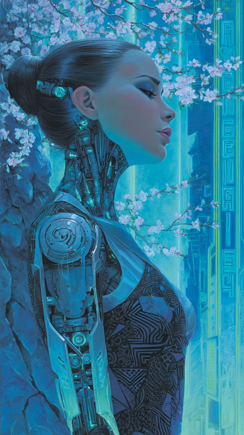 Surreal female robot in a futuristic neon cityscape