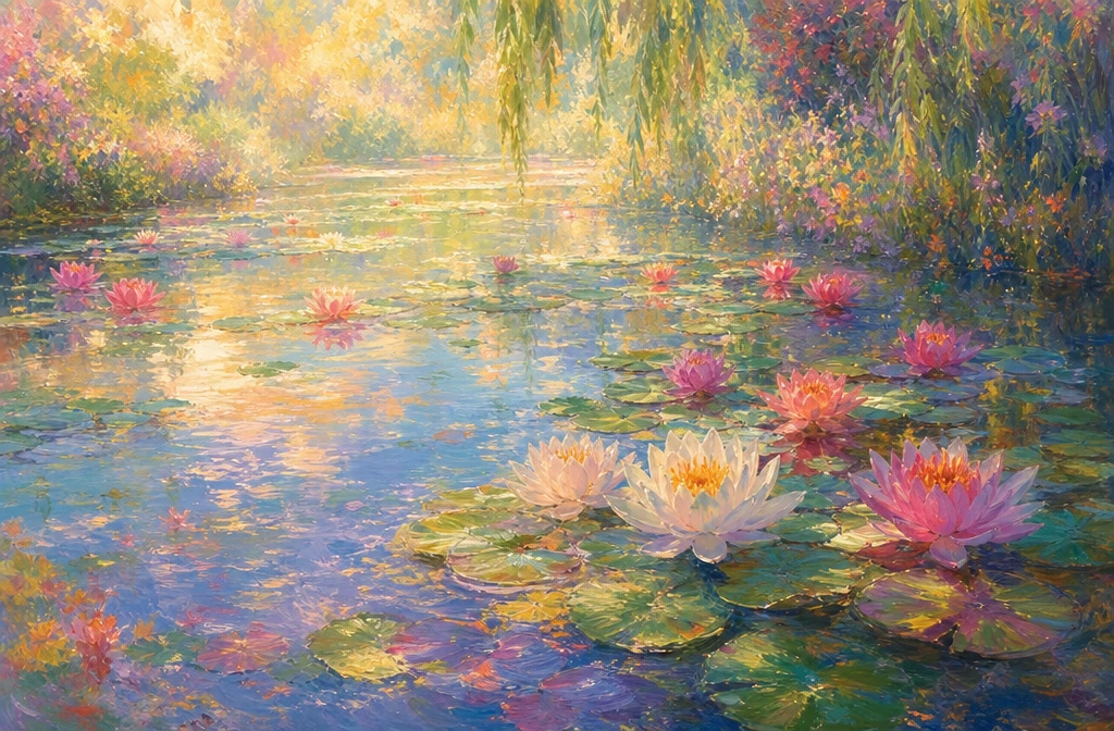 Lago de nenúfares impressionista com luz do sol suave e salpicada