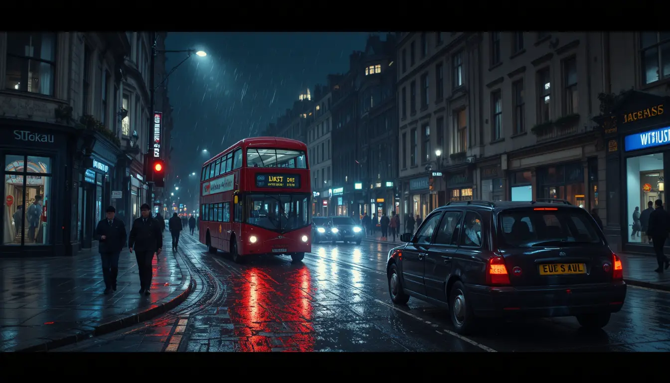 Rue de Londres Sombre et Pluvieuse avec Bus et Taxi la Nuit