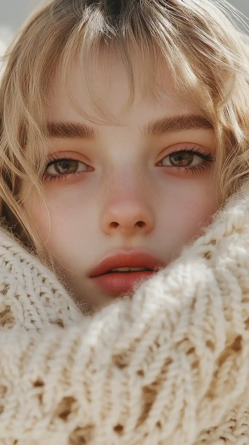 Fille d’anime au soleil enveloppée dans un gros tricot