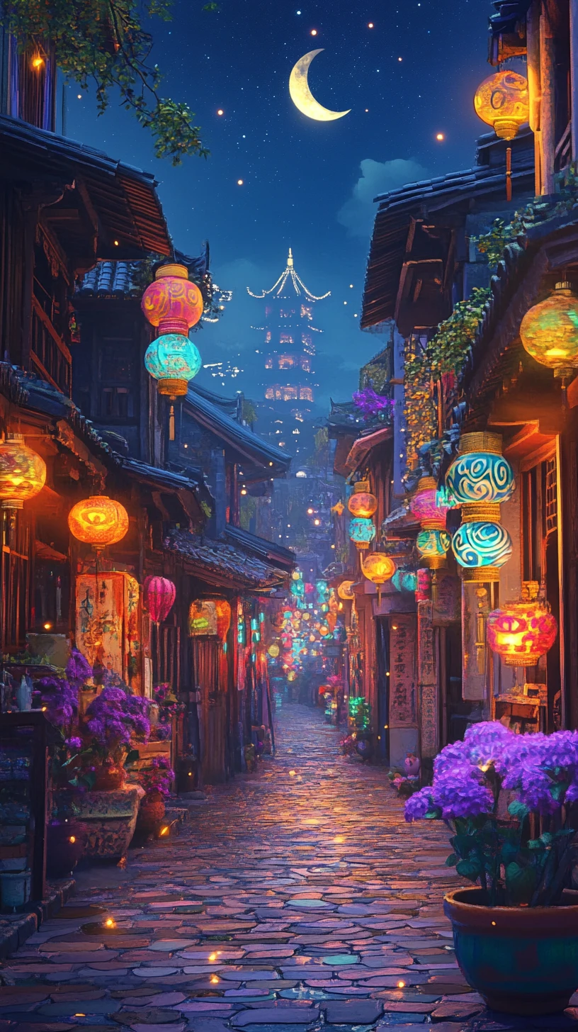 Beco psicodélico iluminado por lanternas com prédios de estilo leste-asiático
