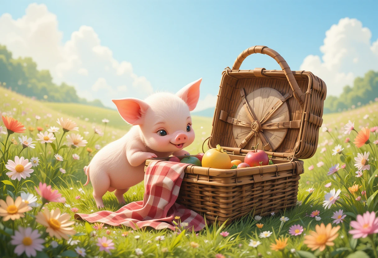 Leitão rosa curioso com cesta de piquenique em um campo florido