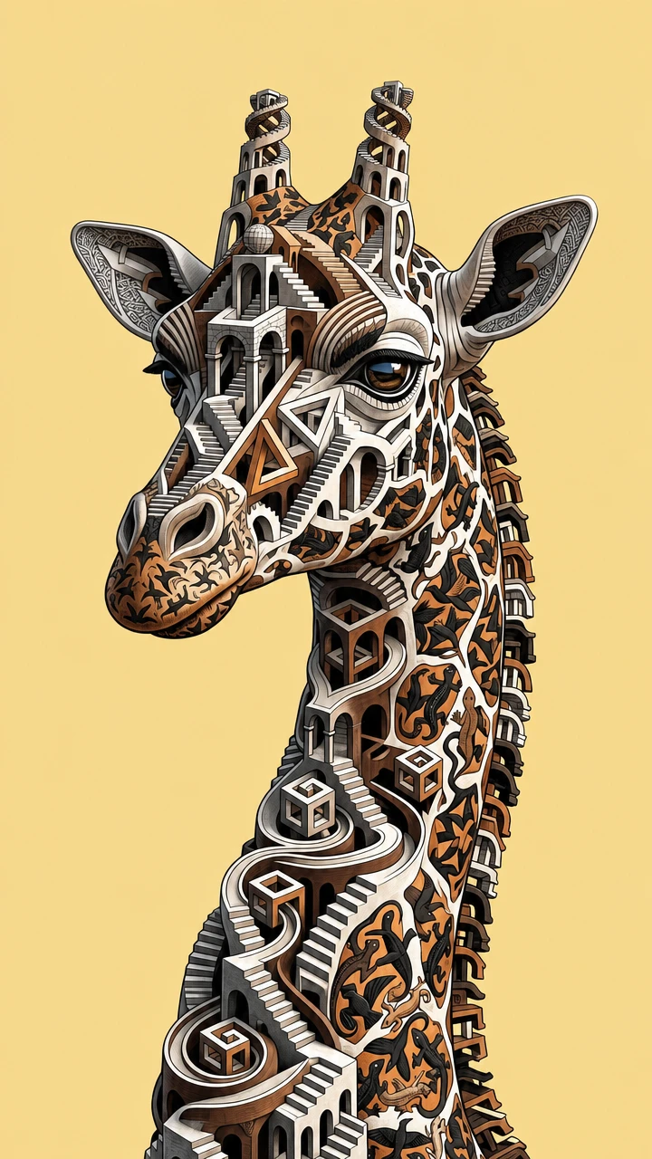 Ritratto 3D surreale di una giraffa ispirata a Escher