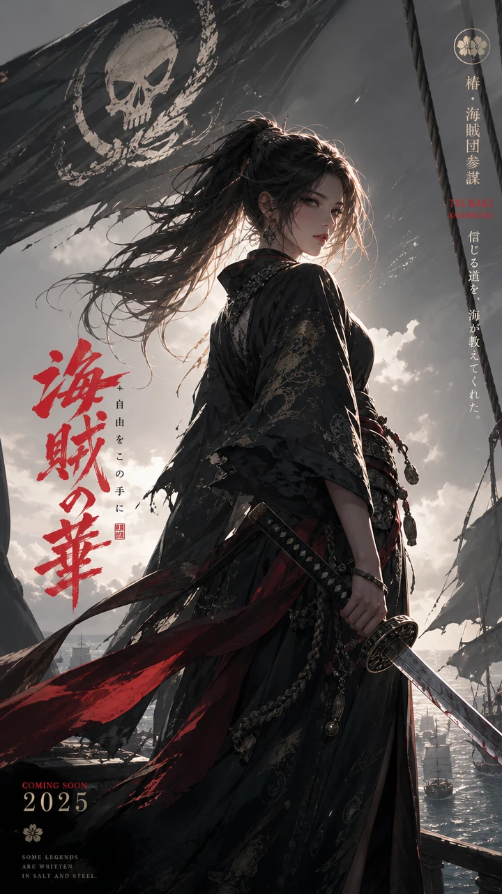 Mulher pirata de anime ao vento com silhueta em contraluz