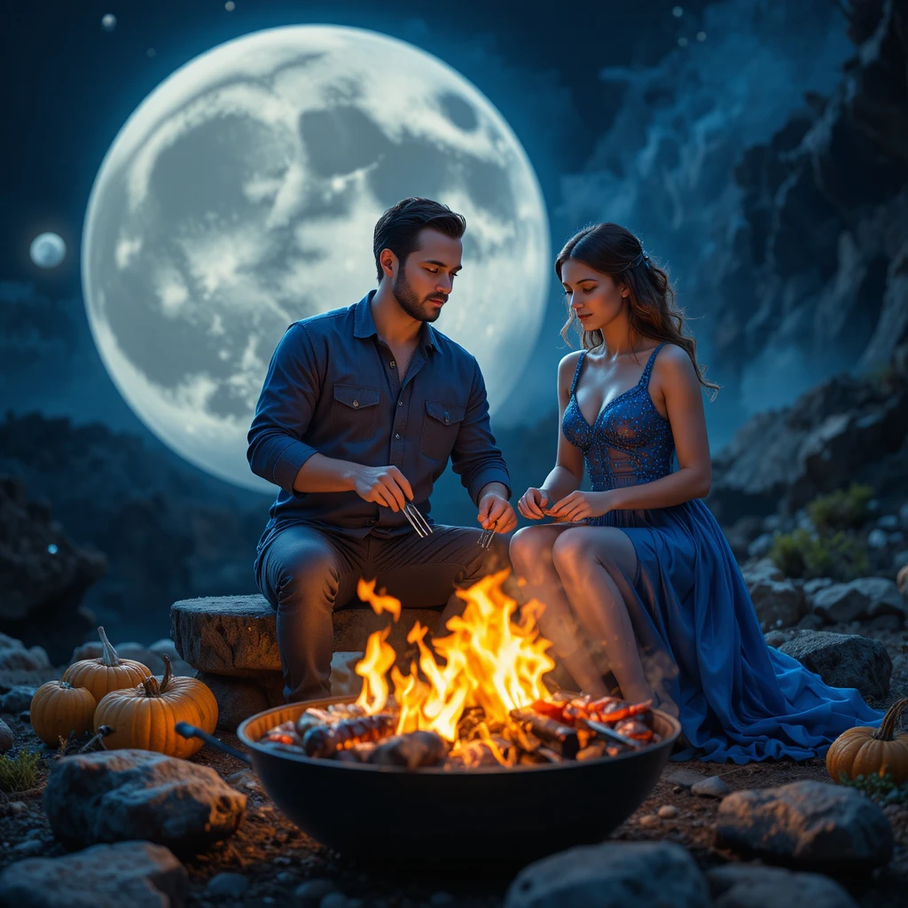 Paar grillt gemeinsam auf dem Mond in surrealer Szenerie