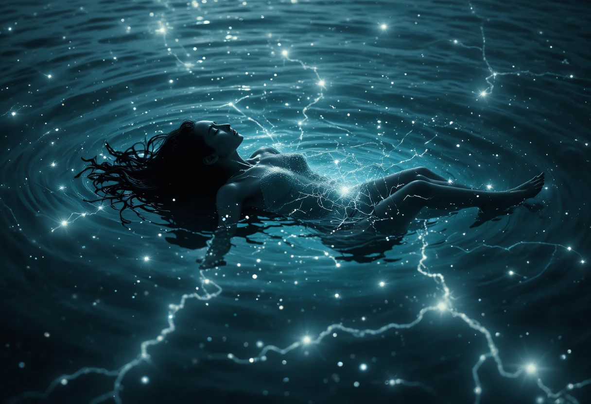 Figura serena che fluttua su acqua scura illuminata da stelle