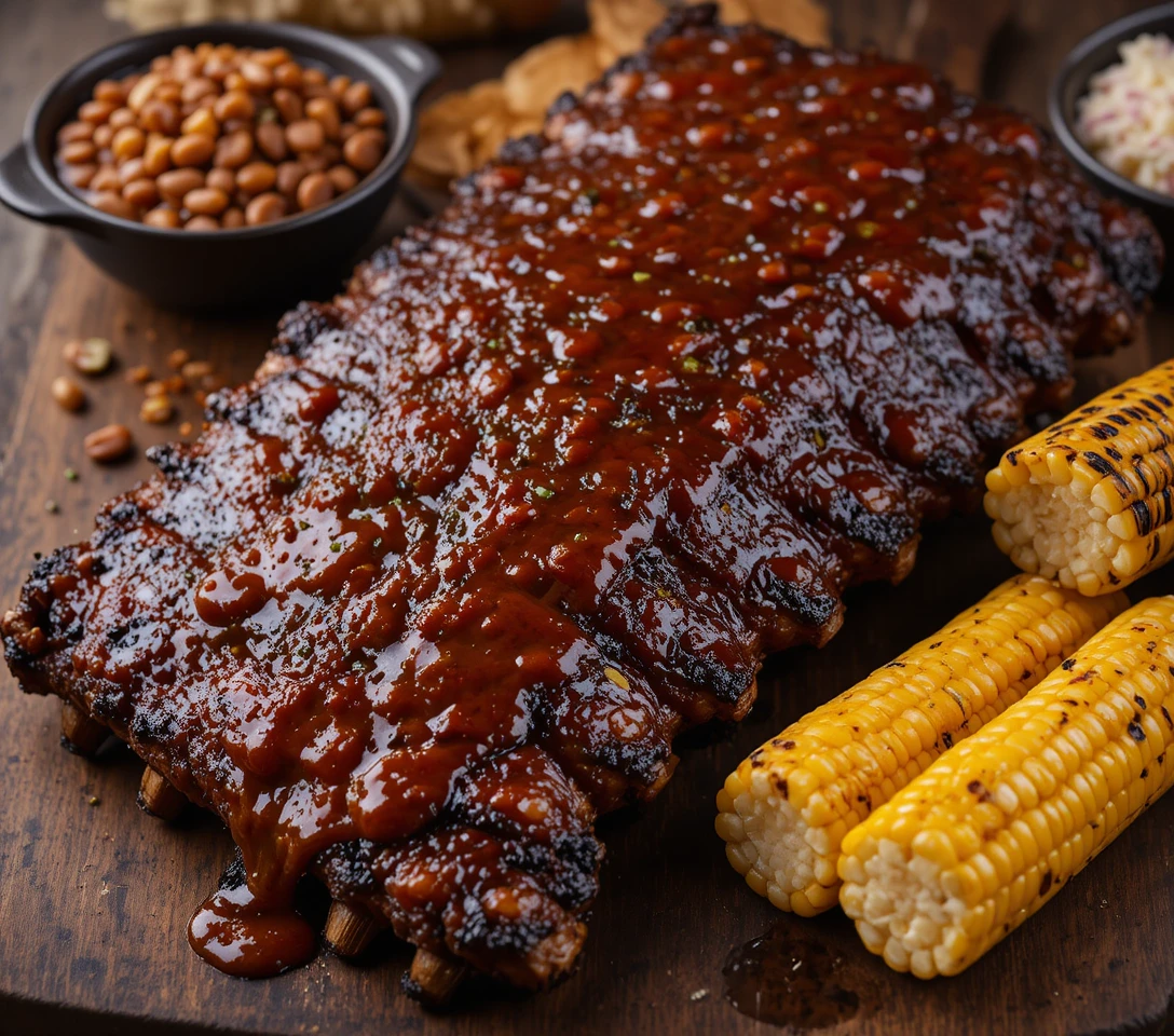 Costillas de barbacoa a la parrilla con guarniciones clásicas de cena en el jardín