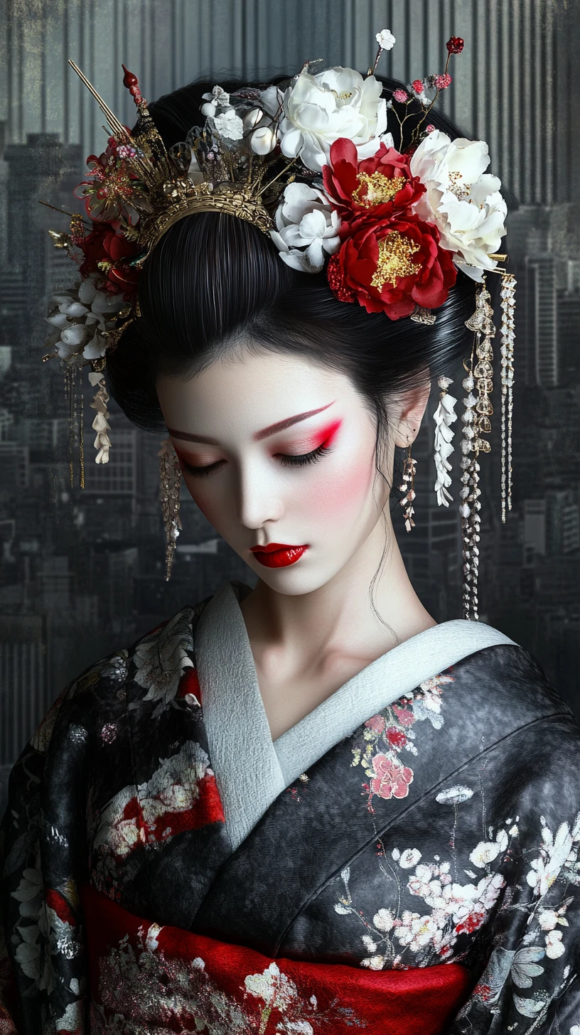 Femme japonaise en kimono fleuri dans une ville en noir et blanc