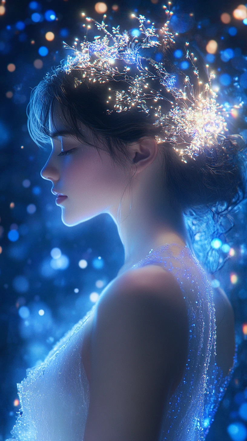 Giovane donna in abito cosmico luminoso con raccolto intrecciato