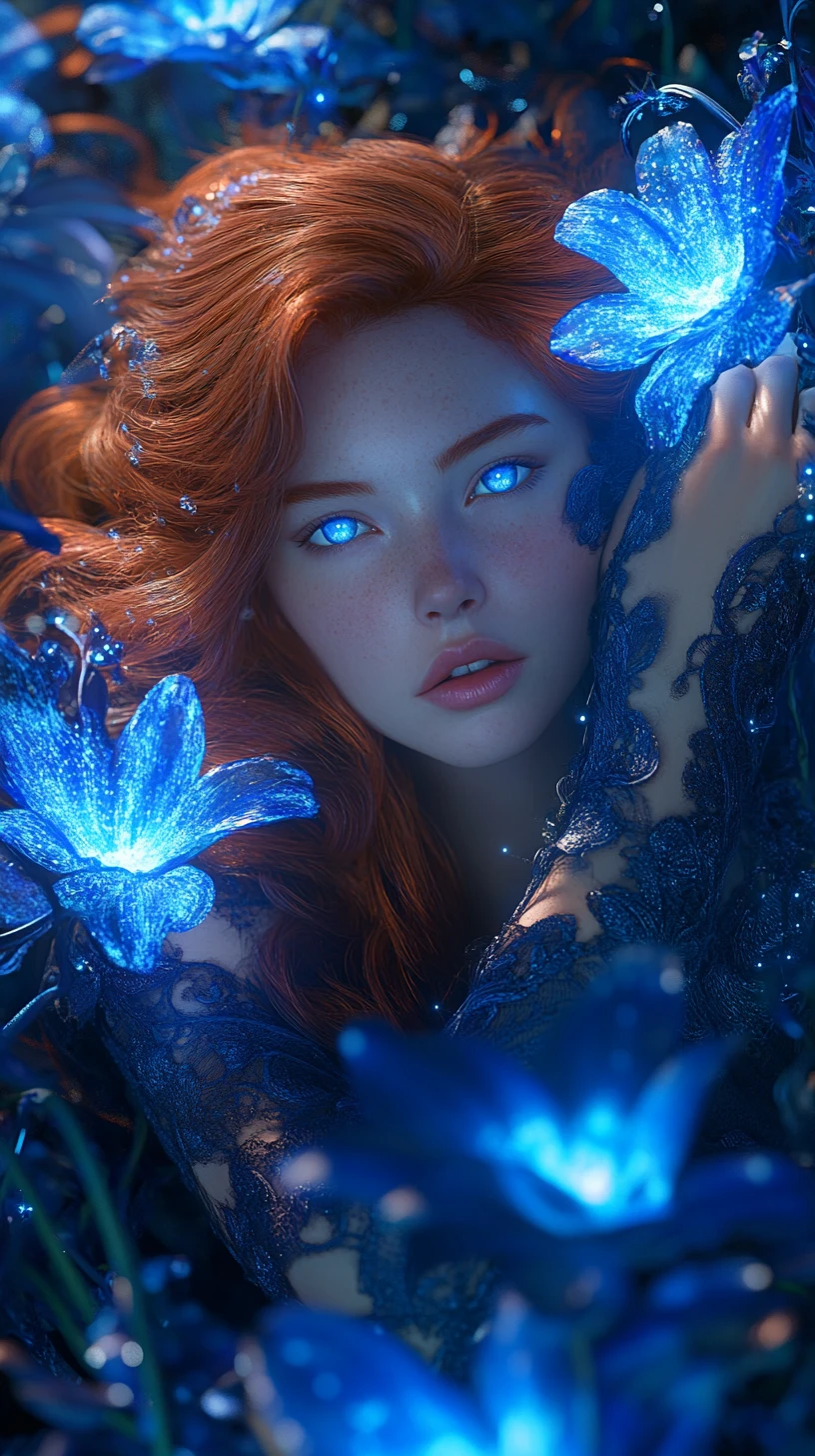 Chica de ojos azules con flores luminosas en un jardín de fantasía