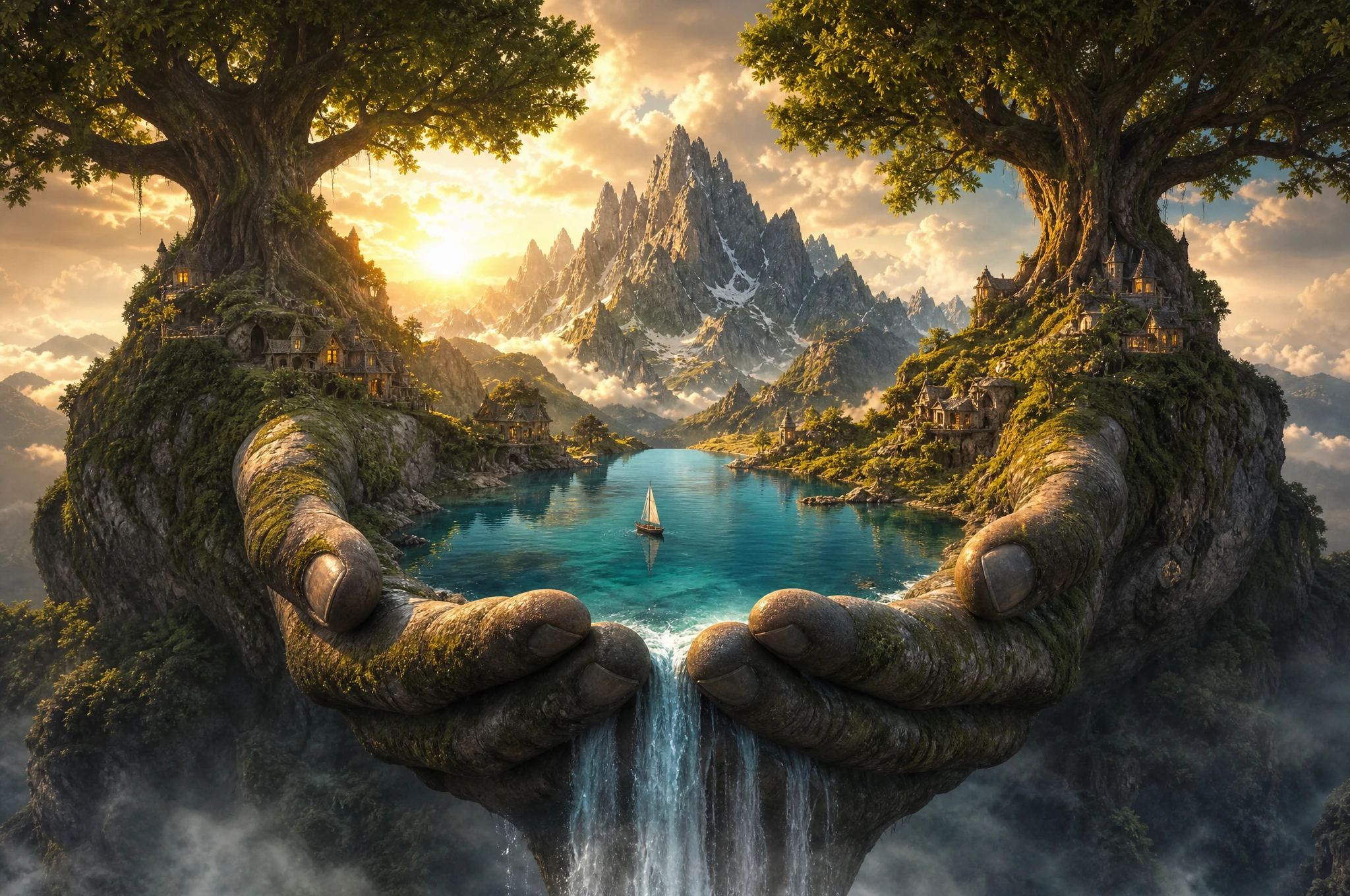 Paysage fantastique surréaliste bercé par d’immenses mains de pierre couvertes de mousse