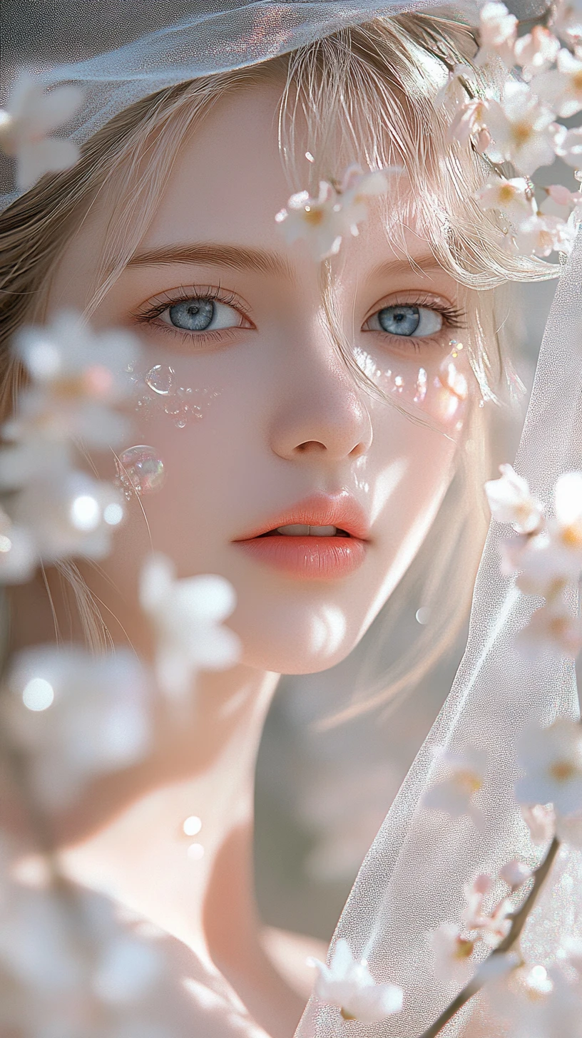 Mujer de anime etérea entre flores y tela brillante