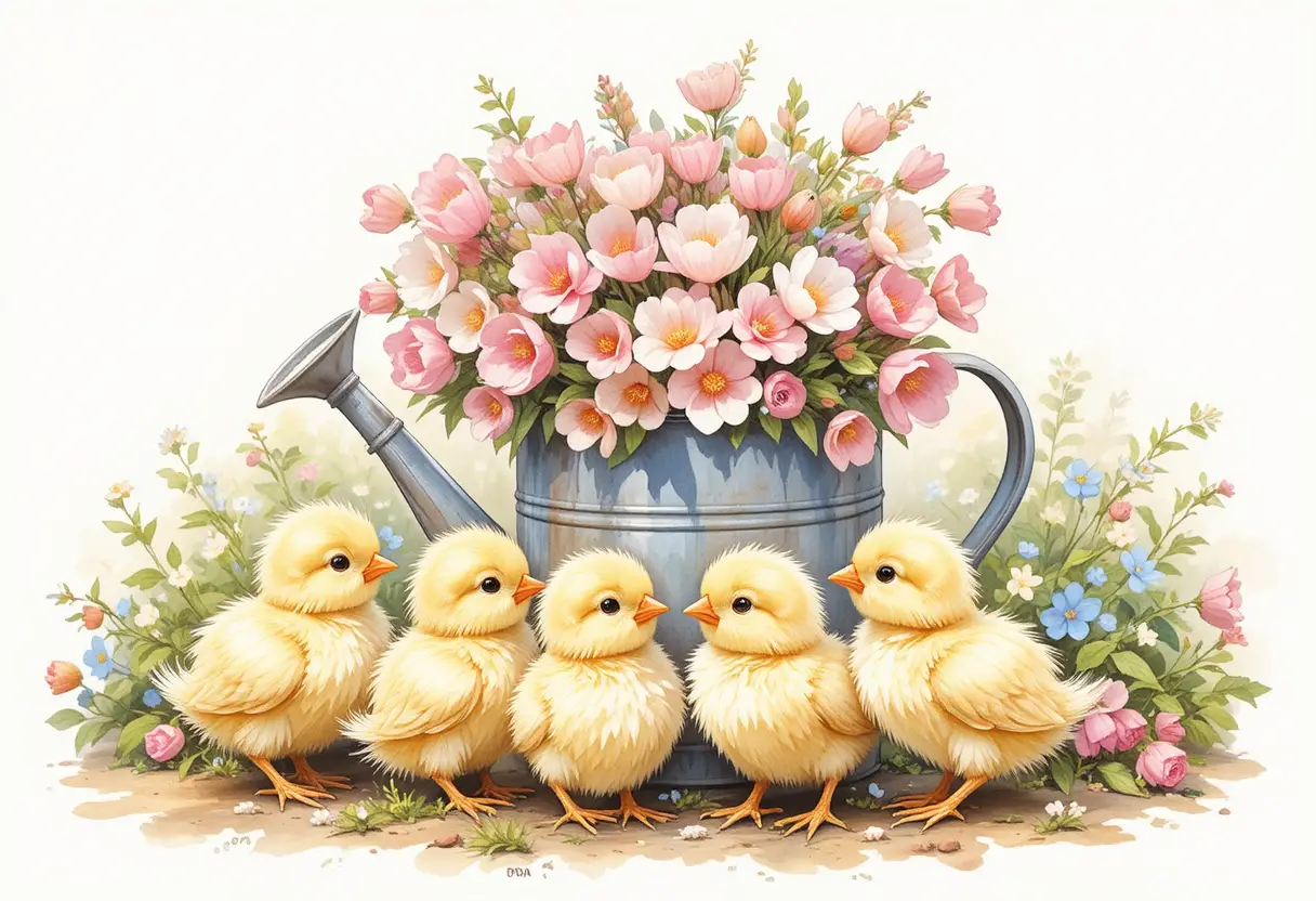 Aquarell-Küken neben einer Vintage-Gießkanne mit Blumen