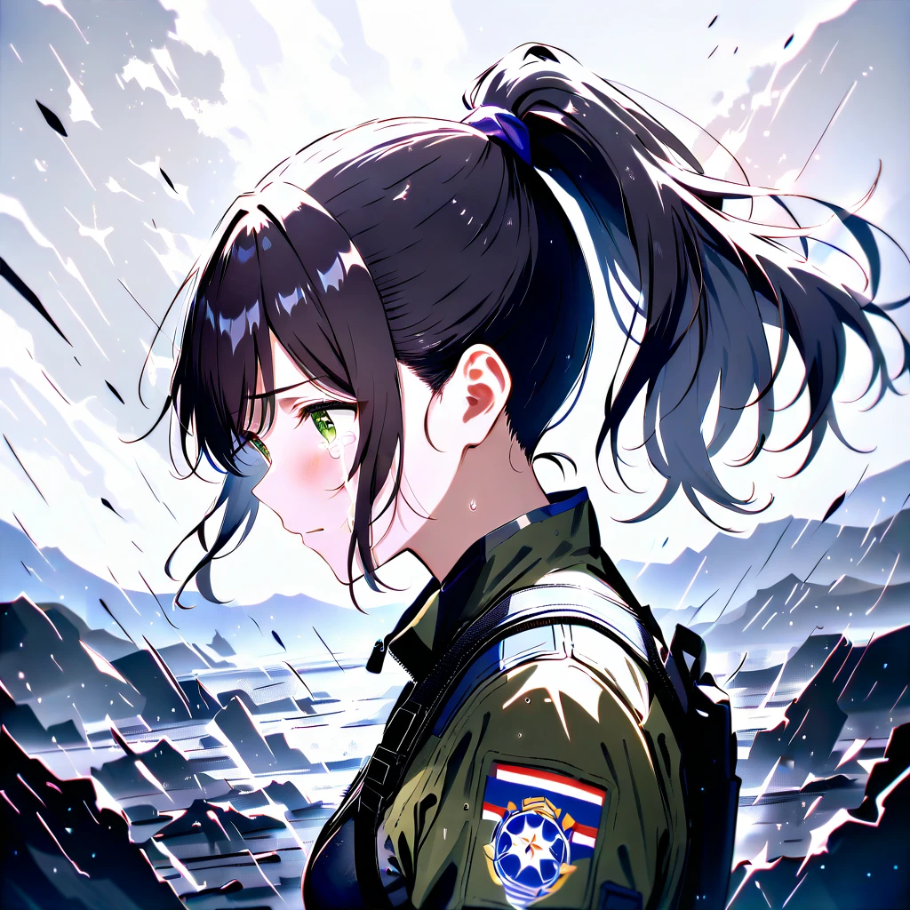 雨中戰場上哭泣的年輕受傷女戰士