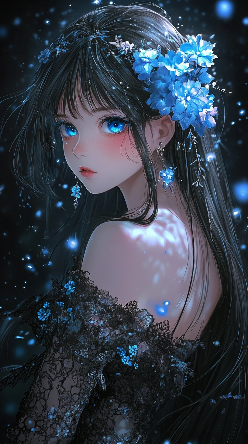 Anime-Mädchen mit blauen Augen in leuchtender Blumen-Dunkelheit