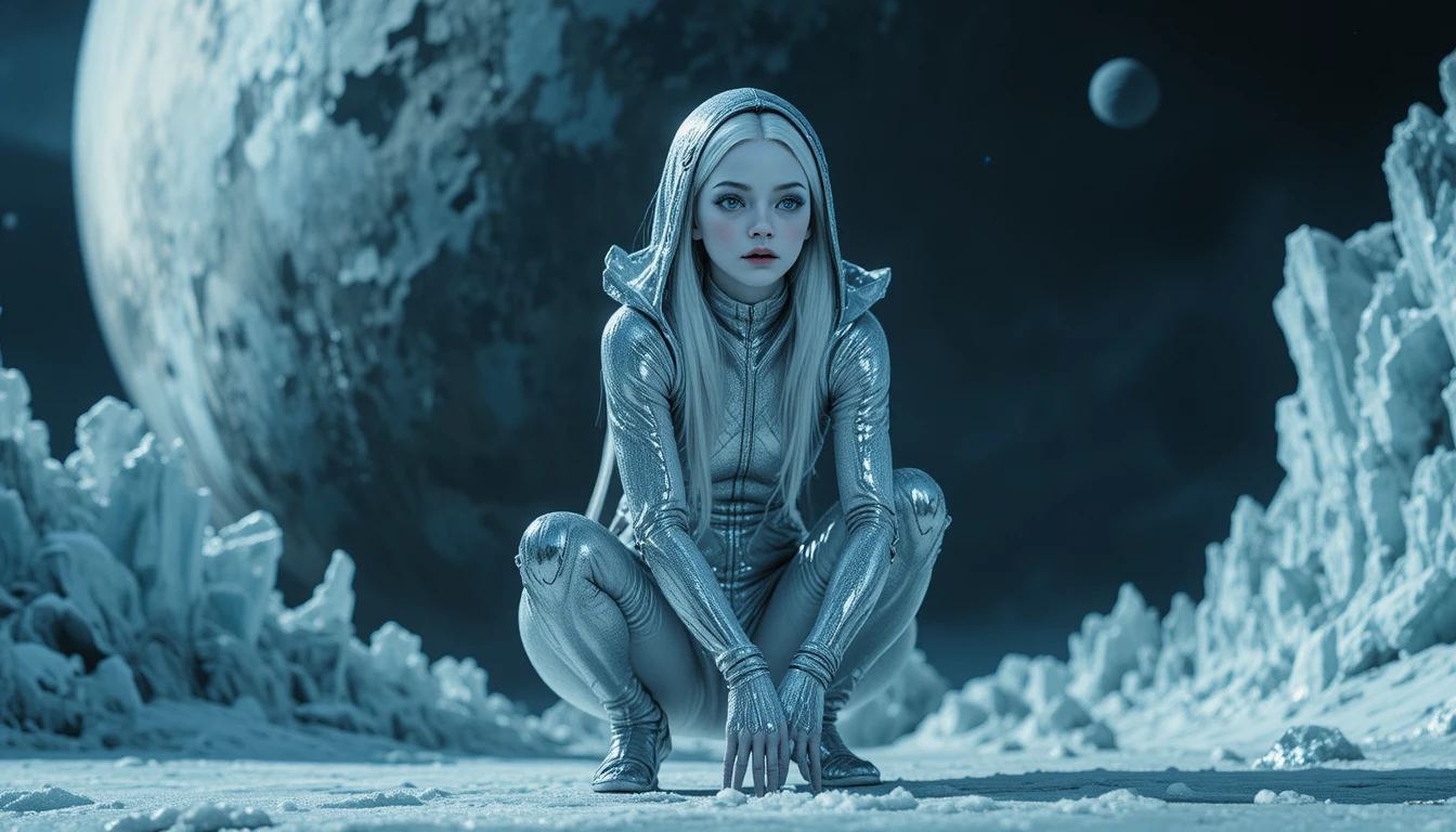 Pale female alien in silver suit on icy dark planet