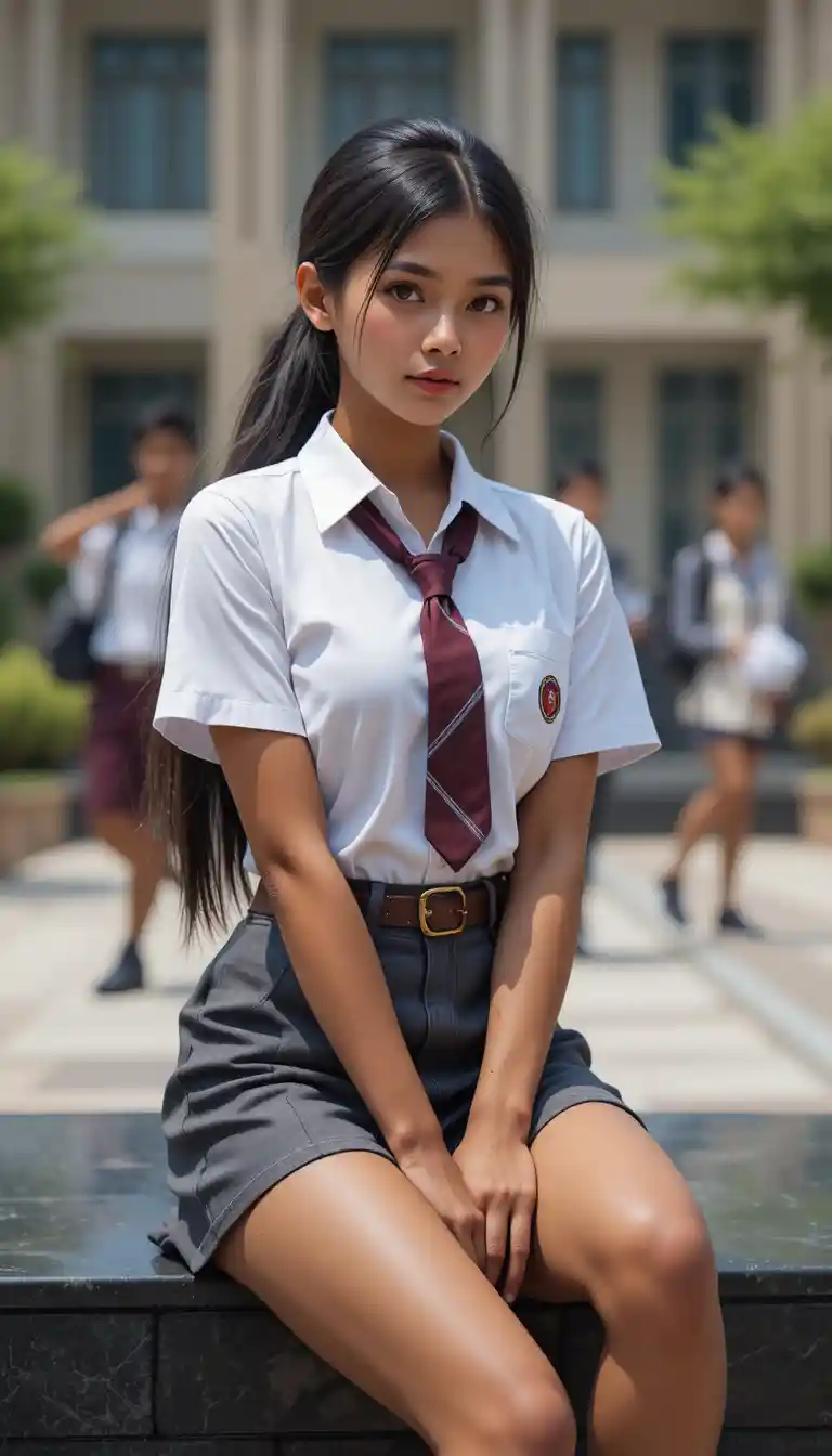 キャンパスの大理石の縁に座るベンガル人女子学生