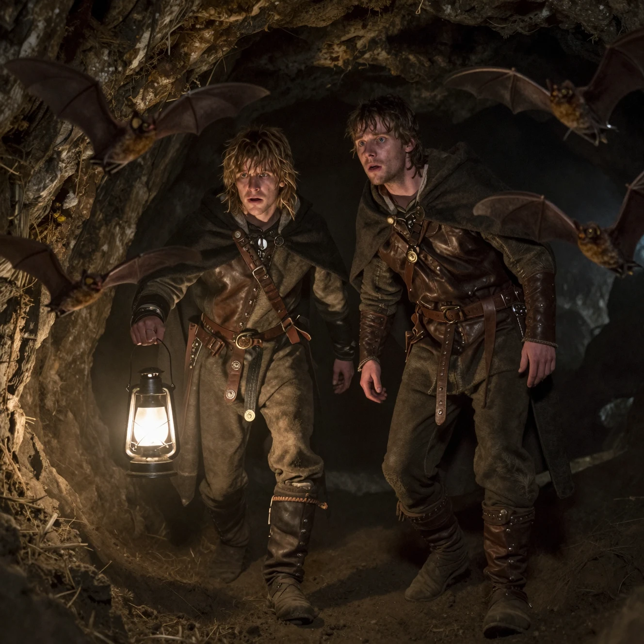 Two men with lantern walking through a dark cave