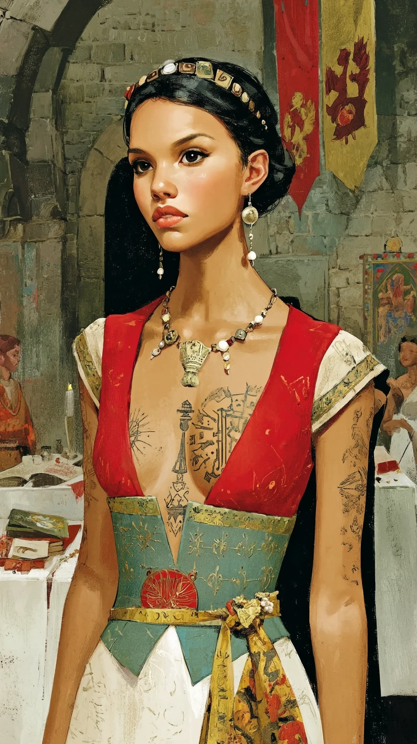 Nobre medieval com tatuagem ornamentada no peito em grande salão